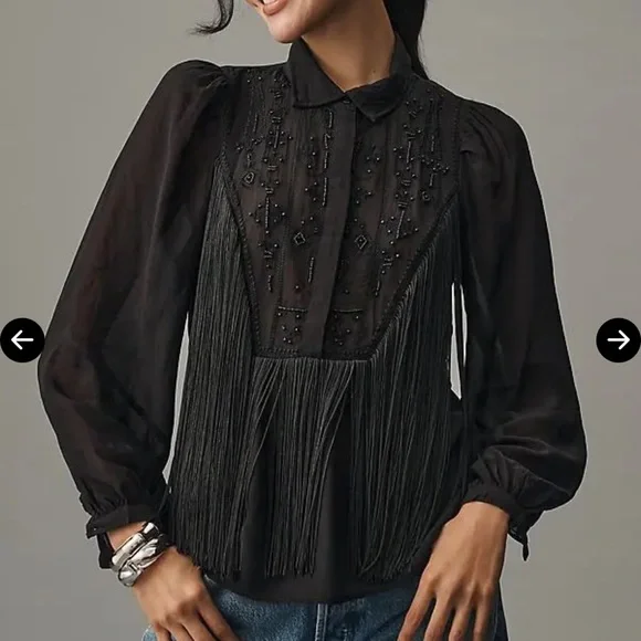 NWT By Anthropologie Long-Sleeve Collared Embellished Fringe Blouse - Picture 2 of 6